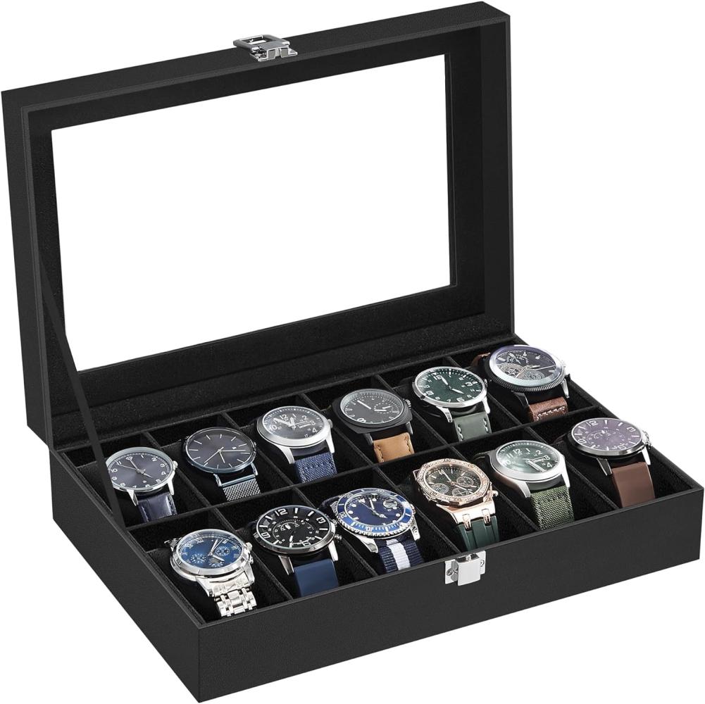 Uhrenbox mit 12 Fächern, Uhrenkasten mit Glasdeckel, Uhrenkoffer mit herausnehmbaren Uhrenkissen, Premium-Uhrenschatulle, PU-Bezug in Schwarz, Samtfutter in Schwarz JWB12B Bild 1