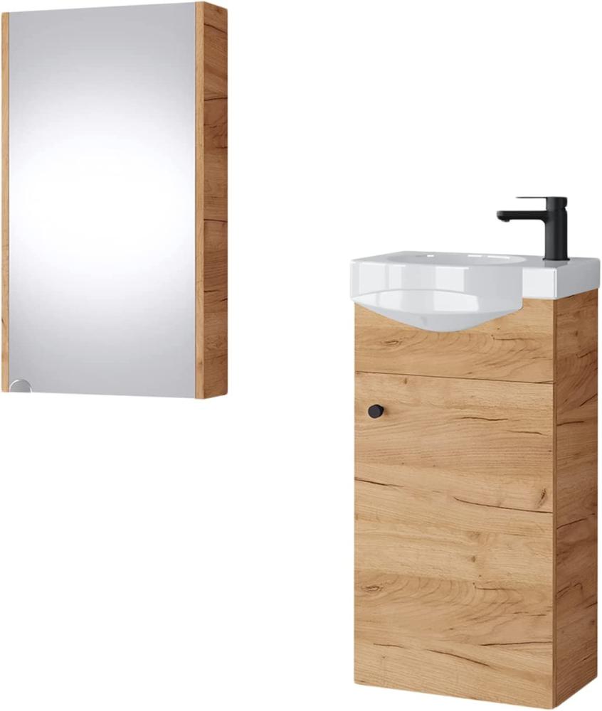 Planetmöbel Waschtisch und Spiegelschrank 40cm Gold Eiche, Waschtischunterschrank hängend mit Waschbecken, Badmöbel Set für Badezimmer Bild 1