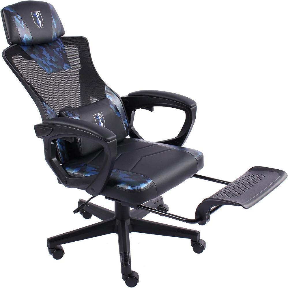 Gaming Stuhl im modernen Racing-Design mit einklappbarer Fußstütze - Gaming Chair mit flexiblen Armlehnen - ergonomischer Gaming Schreibtischstuhl mit extra Stützkissen Schwarz/Military -Blau Bild 1