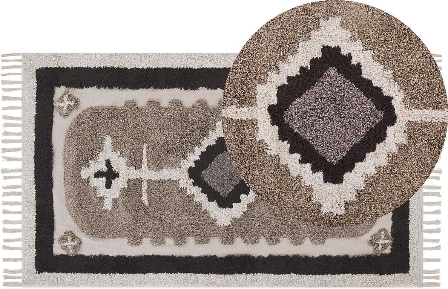 Teppich Baumwolle beige 80 x 150 cm geometrisches Muster Fransen Kurzflor GEYVE Bild 1