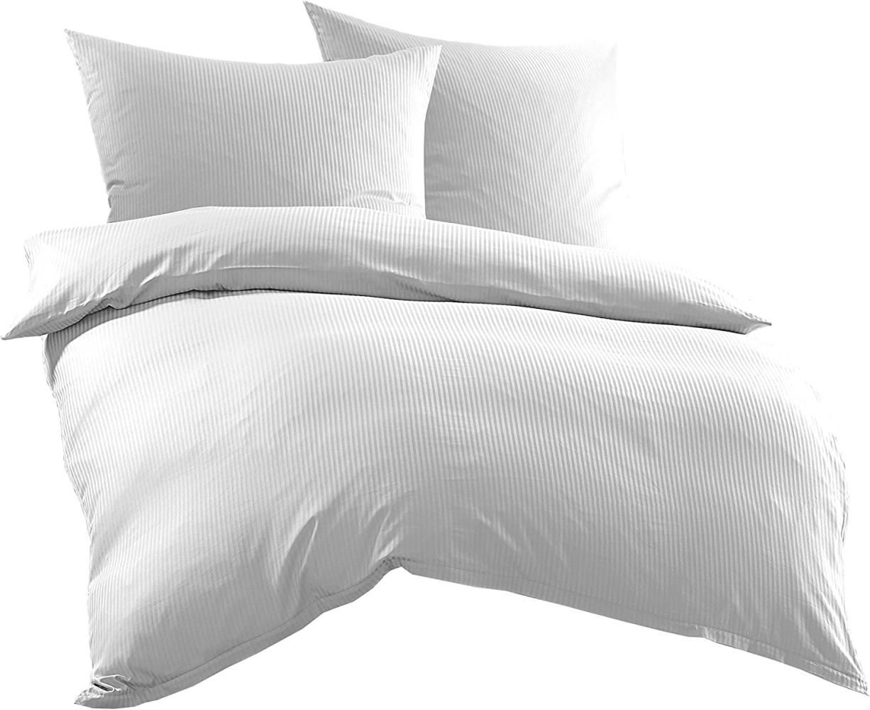 Bettwaesche-mit-Stil Mako-Satin Damast Streifen Bettwäsche „Linea“ weiß 4mm gestreift Garnitur 200x200 + 2x 80x80 Bild 1
