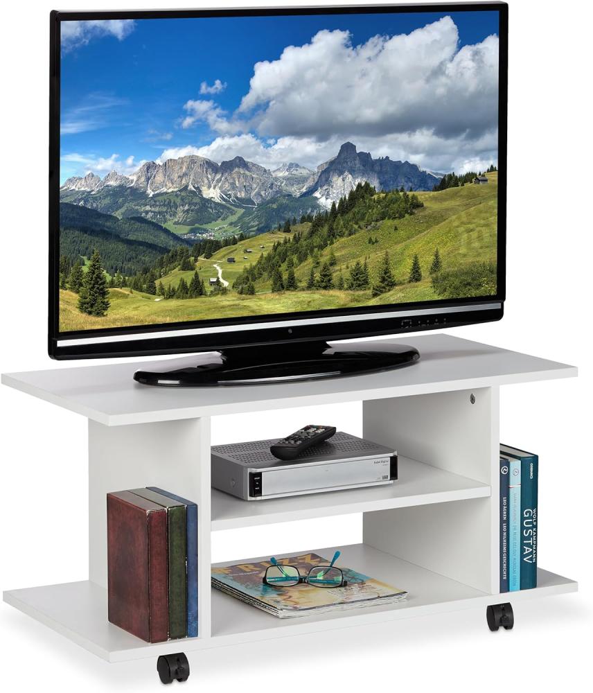 Relaxdays TV Board mit Rollen, 4 offene Ablagen, fahrbarer Couchtisch, für Geräte, CDs, DVDs, HBT 40 x 80 x 40 cm, weiß Bild 1
