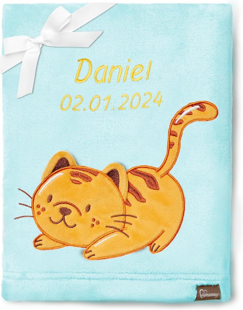 Be Mammy Personalisierte Babydecke mit 3D Applikation Warme Kuscheldecke mit Namen und Geburtsdatum; Perfektes Baby Geschenk; Blanket; Krabbeldecke BE20-280 (Puderblau - Katze) Bild 1