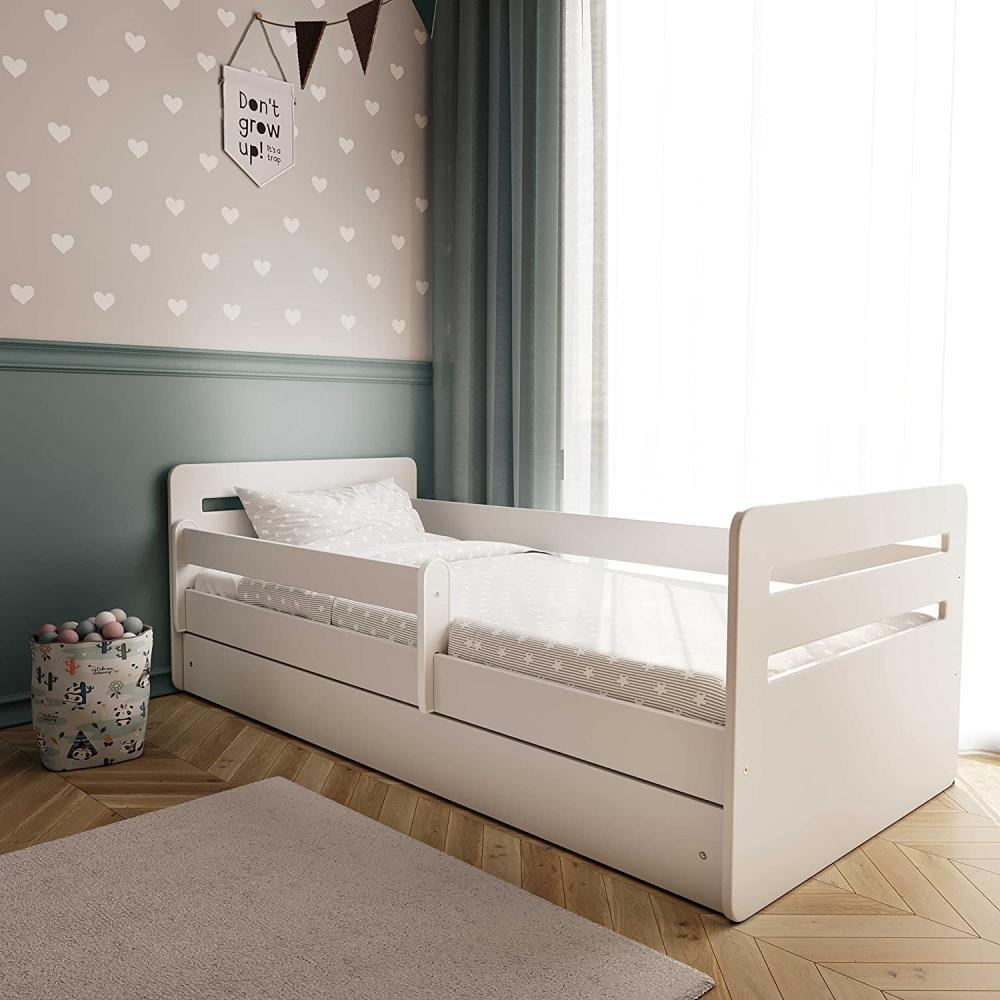Kinderbett Jugendbett Weiß mit Rausfallschutz Schubalde und Lattenrost Kinderbetten für Mädchen und Junge - Tomi 80 x 180 cm Bild 1