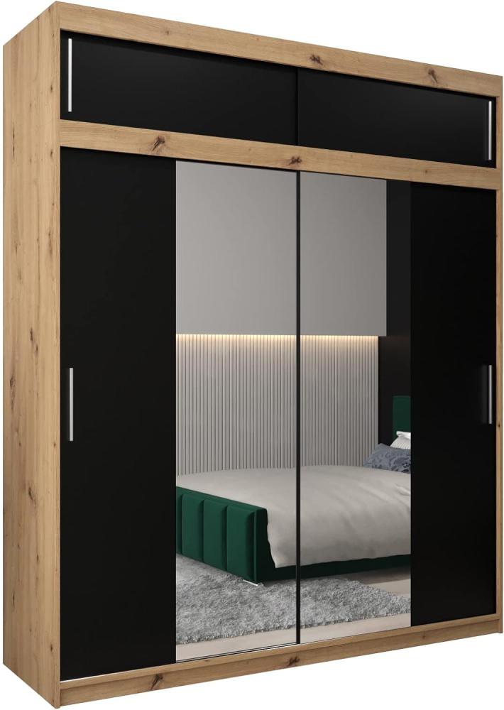 Kryspol Schwebetürenschrank Tokyo 1-200 cm mit Spiegel Kleiderschrank mit Kleiderstange und Einlegeboden Schlafzimmer- Wohnzimmerschrank Schiebetüren (Artisan Eiche + Schwarz mit Erweiterung) Bild 1