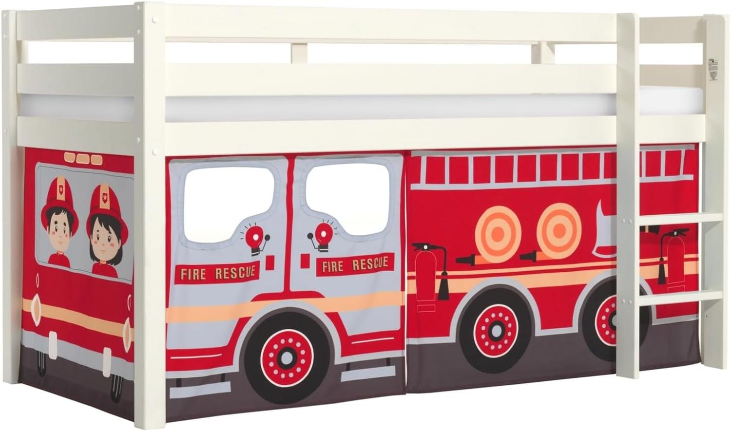 Vipack 'Pino' Halbhochbett 90x200 cm, weiß, Kiefer massiv, mit Textilset 'Fire Rescue' Bild 1