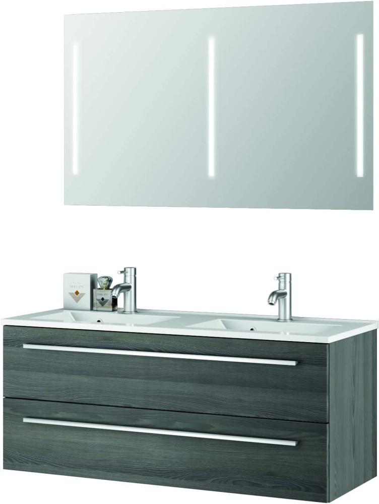 Sieper I Doppelwaschtisch mit Unterschrank 120 x 50 cm und Spiegel mit Beleuchtung, Badmöbel Set Libato I Pinie Schwarz Bild 1