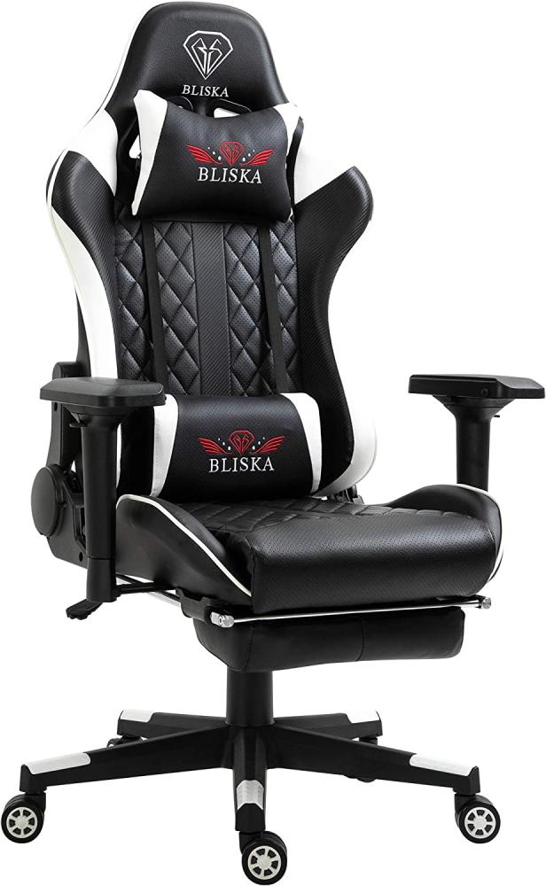 Gaming Stuhl mit Fußstütze und ergonomsichen 4D-Armlehnen - Gaming Chair in Sportsitz Optik - Gamer Stuhl mit verstellbaren Rückenstützkissen für gesündere Sitzhaltung, Farbe:Schwarz/Weiß Bild 1