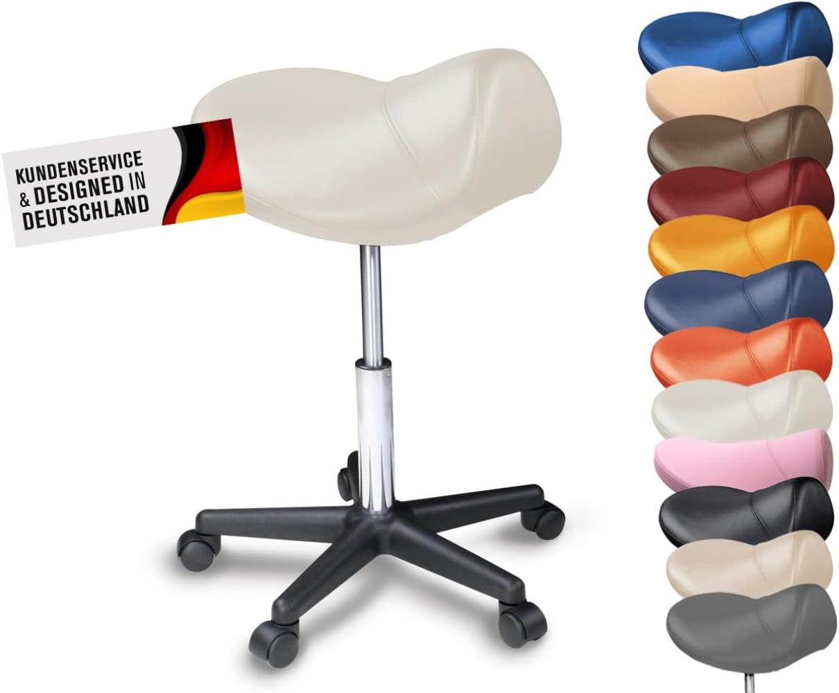 Sattelhocker / Sattelstuhl mit PU Rollen für alle Böden - ergonomisch - stufenlos höhenverstellbar - viele Farben - 360° drehbar - Arbeitshocker - Praxishocker - Kein Werkzeug notwendig Weiß Bild 1