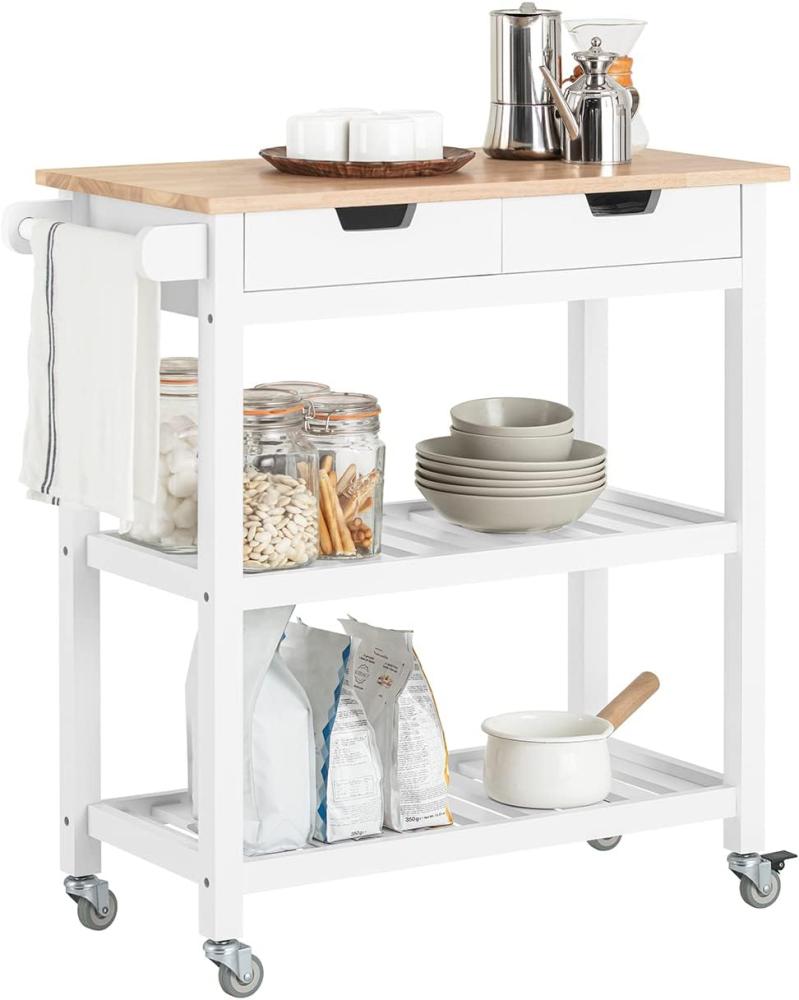 Küchenwagen mit 2 Schubladen und 2 Ablagen Holz Weiß FKW68-WN Bild 1