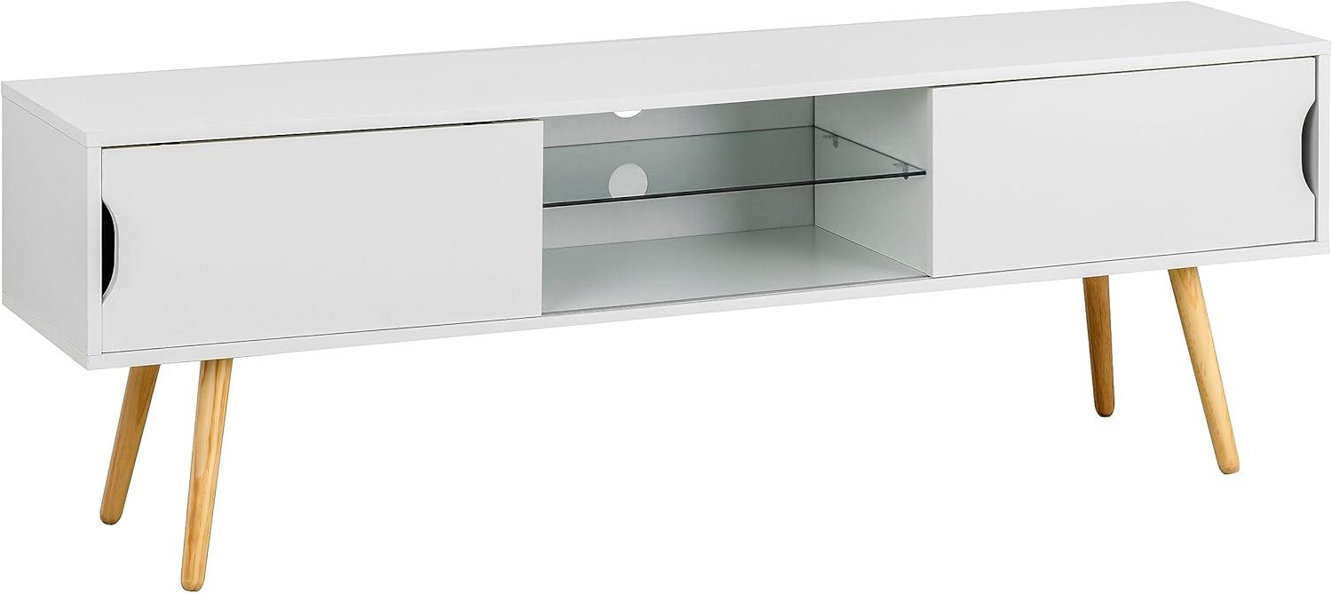 Baroni Home TV-Schrank für Wohnwand mit Schiebetür, Loch für Kabeldurchführung aus MDF mit innerem Glasregal, TV-Board für Wohn- und Schlafzimmer, Küche, Weiß, 150x45x35 cm Bild 1