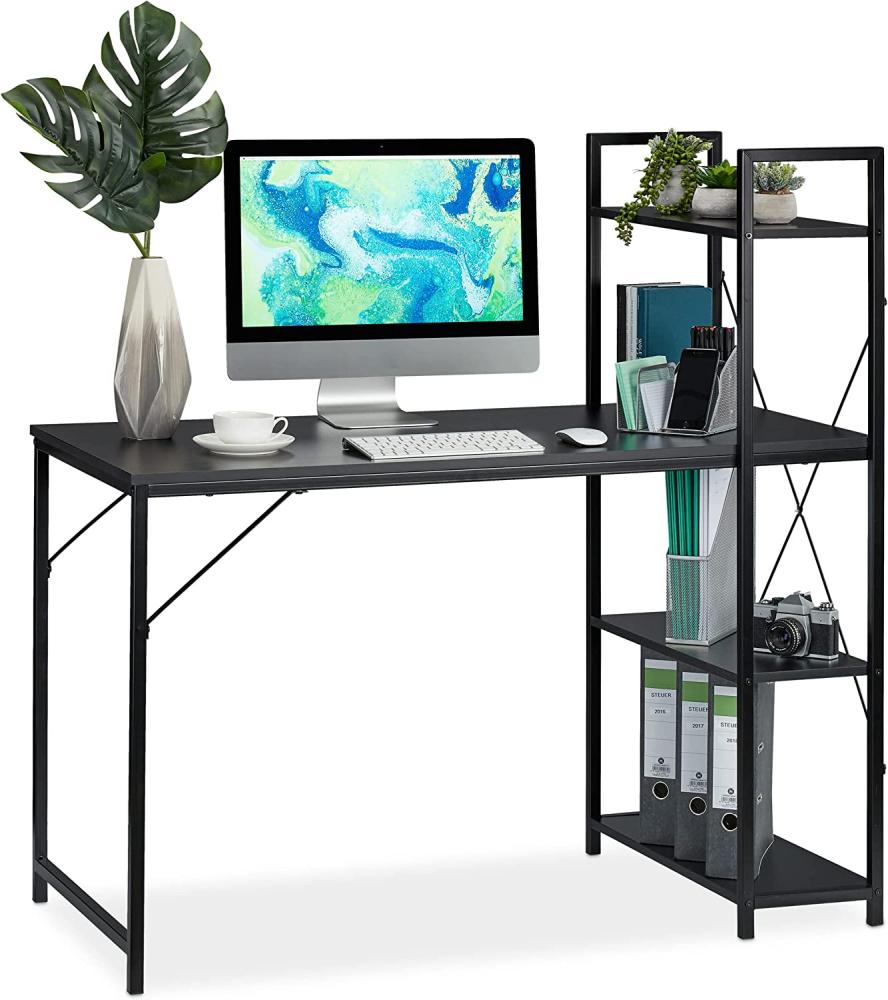 Relaxdays Schreibtisch-Kombination mit Regal und 4 Ablagefächern, Metall schwarz,121 x 120 x 62 cm Bild 1