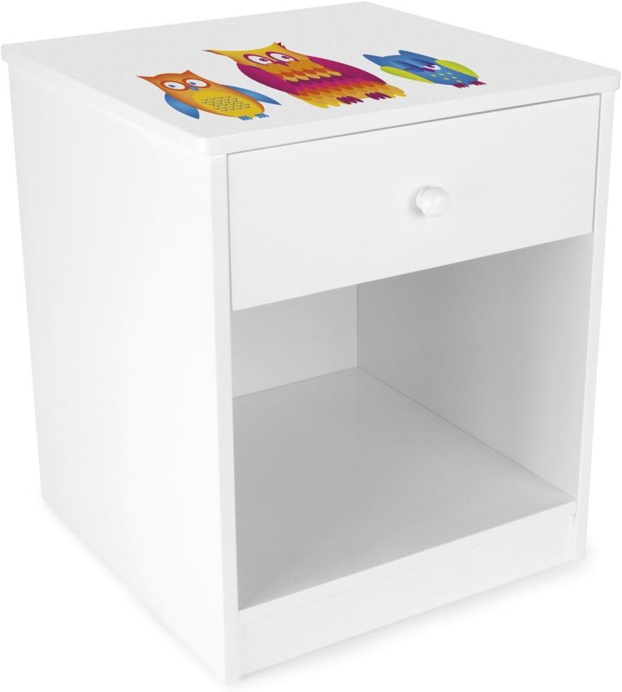 Weiß Nachttisch aus Holz - Eulen - Nachtschrank mit Schublade für Kinder Bild 1