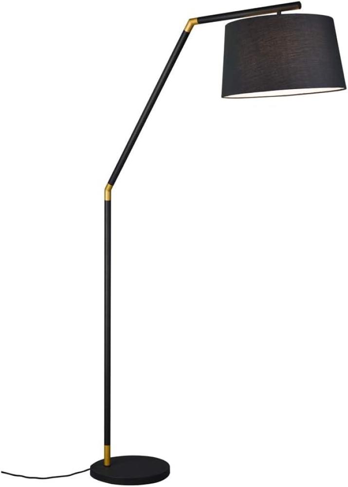 Stylishe LED Bogenlampe mit großer Ausladung in Schwarz Gold mit Stoffschirm Bild 1