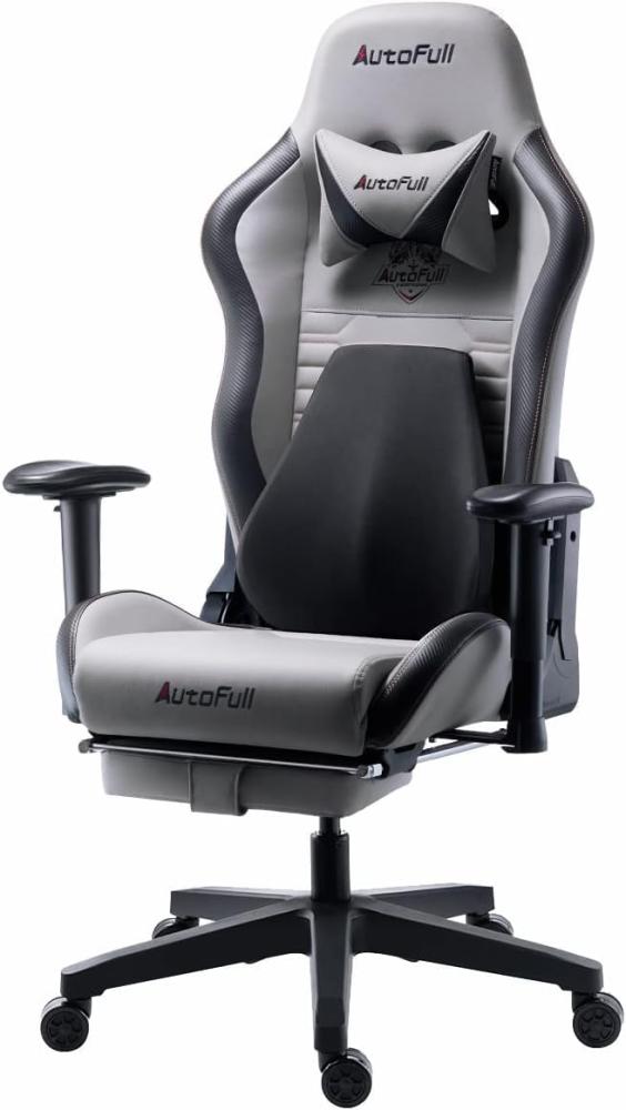 AutoFull Gaming Stuhl Bürostuhl Gamer Ergonomischer Schreibtischstuhl PC-Stuhl mit hoher Rückenlehne und Lendenwirbelstütze,Einstellbare Sitzhöhe und Rückenlehnenneigung, Fußstütze,Grau Bild 1