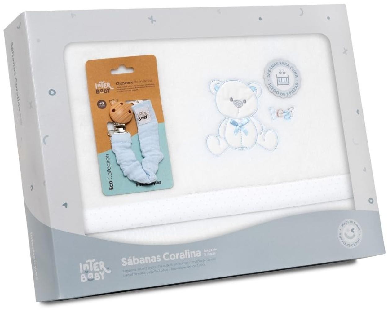 Fleece-Plüsch-Bettlaken-Set Kinderbett "Oso Lazo" weiß blau & Schnullerketten Musseline mit Clip · 3- Teilig Winter -Bettwäsche-Set für kinderbett · Babys Bild 1