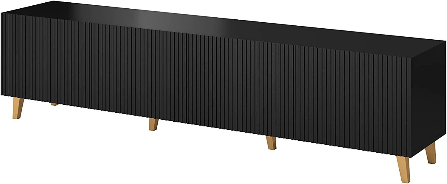 TV-Schrank PAFOS 200 cm mit gefräster Front Hochwertiges MDF Lowboard Schrank TV Tisch Sideboard Kommode Hi-Fi Tisch Fernsehtisch Skandinavische Beine (Schwarz) Bild 1