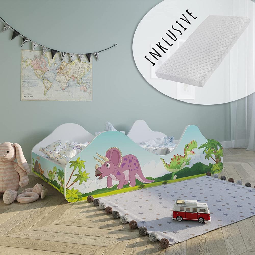 Kinderbett Jugendbett 80x160 mit Rausfallschutz | Dinosaurier Kinder Spielbett mit Lattenrost, mit Matratze Bild 1
