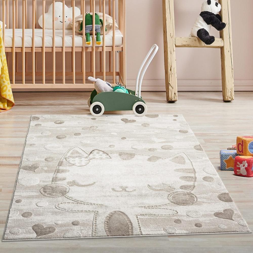Kinderteppich Creme, Beige - 160x230 cm - Tier-Motiv Katze, Herzen - Kurzflor Teppiche Kinderzimmer, Spielzimmer Bild 1