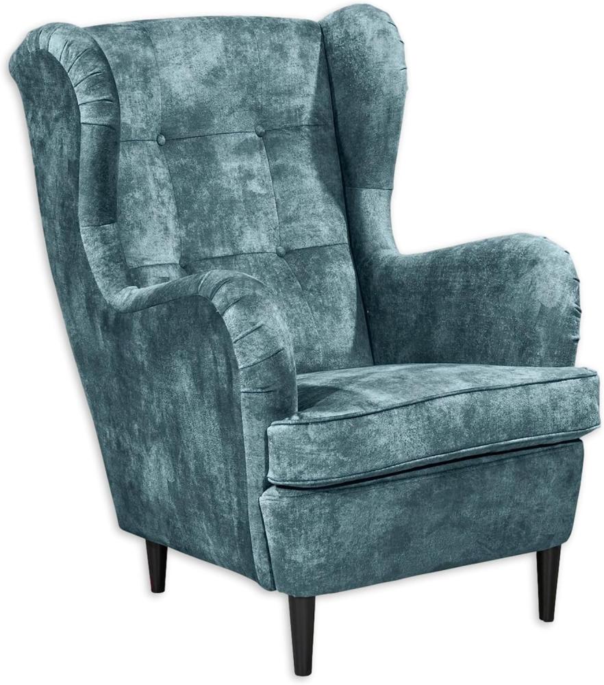 OSKAR Ohrensessel mit geknöpfter Polsterung, Smoke Blue - Vintage Wohnzimmer Sessel mit Massivholz Füßen - 78 x 102 x 98 cm (B/H/T) Bild 1