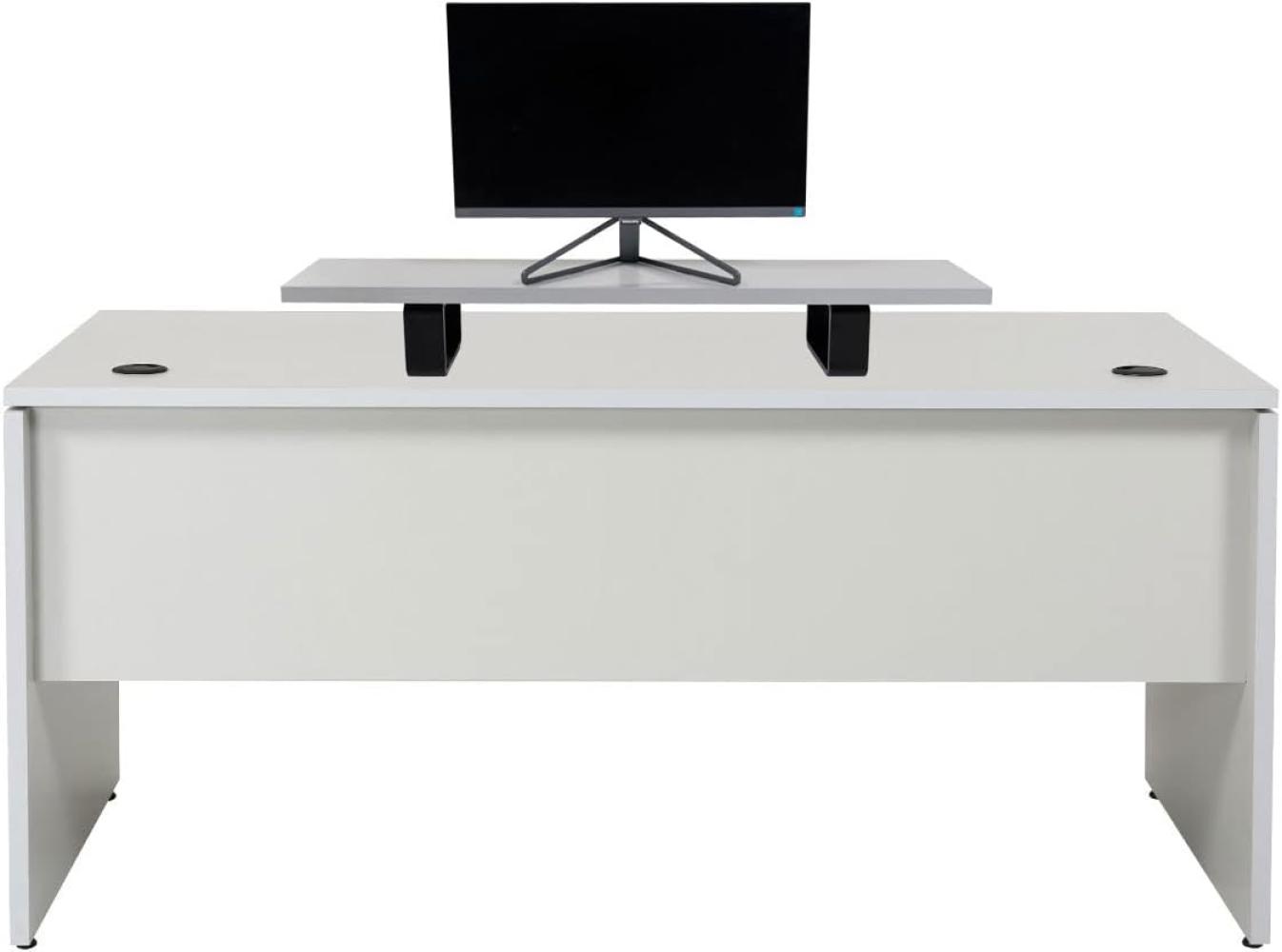 Furni24 Schreibtisch fürs Arbeitszimmer und Home Office - Großer laminierter Computertisch aus Holz, 2 Kabeldurchlässe (Grau, inkl. Monitorständer und Kabelkanal,180x80x75 cm) Bild 1