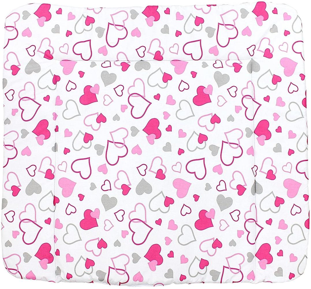 TupTam Baby Wickeltischauflage mit Baumwollbezug Gemustert, Farbe: Herzen Rosa / Grau, Größe: 70 x 50 cm Bild 1
