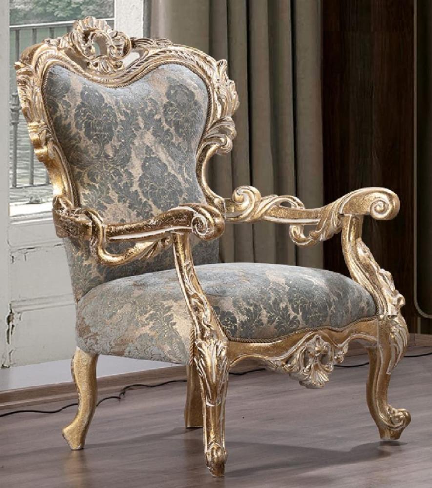 Casa Padrino Luxus Barock Sessel Grün / Antik Gold - Prunkvoller Wohnzimmer Sessel mit elegantem Muster - Luxus Wohnzimmer Möbel im Barockstil - Barock Möbel - Barock Einrichtung Bild 1