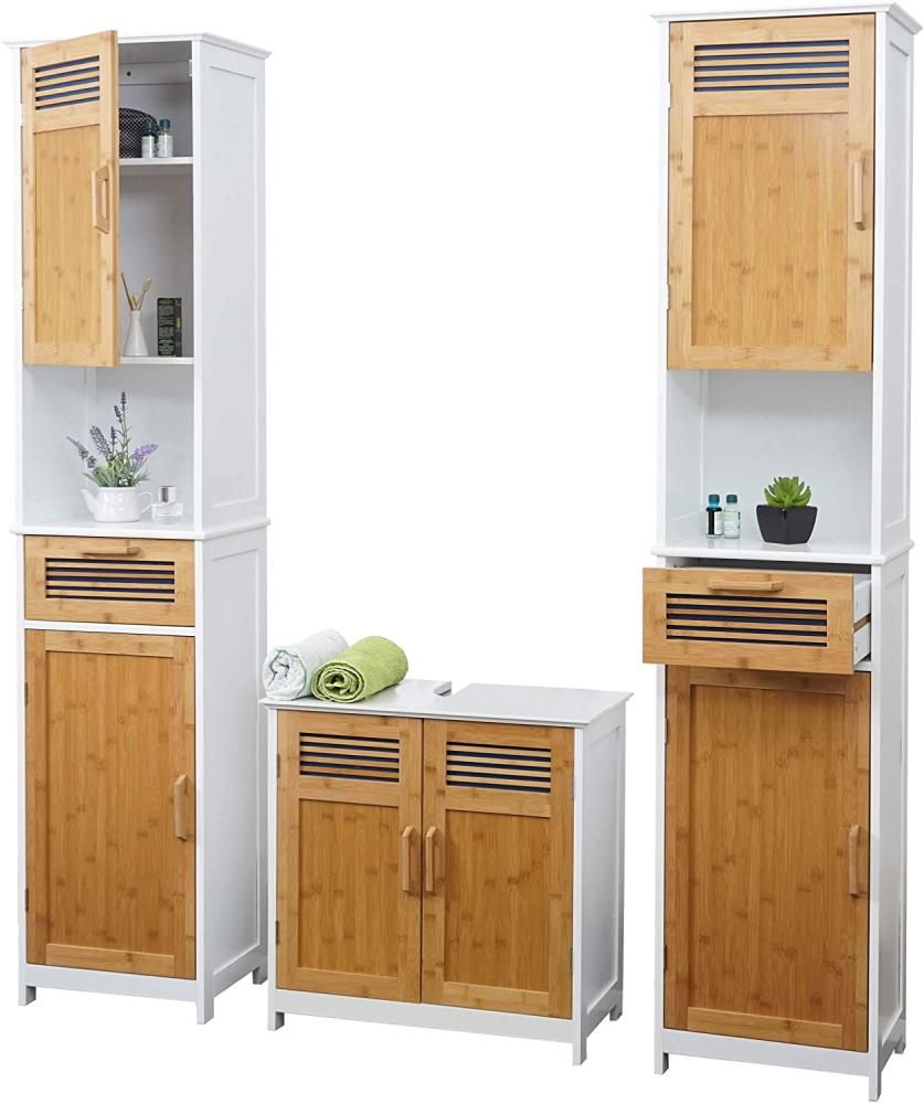 Badezimmerset HWC-A85, Badmöbel 2x Hochschrank Waschbeckenunterschank Bambus, weiß Bild 1