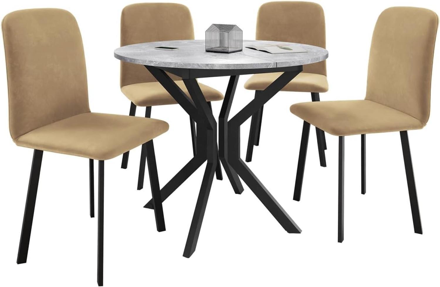 Essgruppe ML03, Runder ausziehbarer Esstisch Dirko M mit 4 Stühlen Lanoi (Farbe: Amor Velvet 4302, Grau Marmor/Schwarz) Bild 1