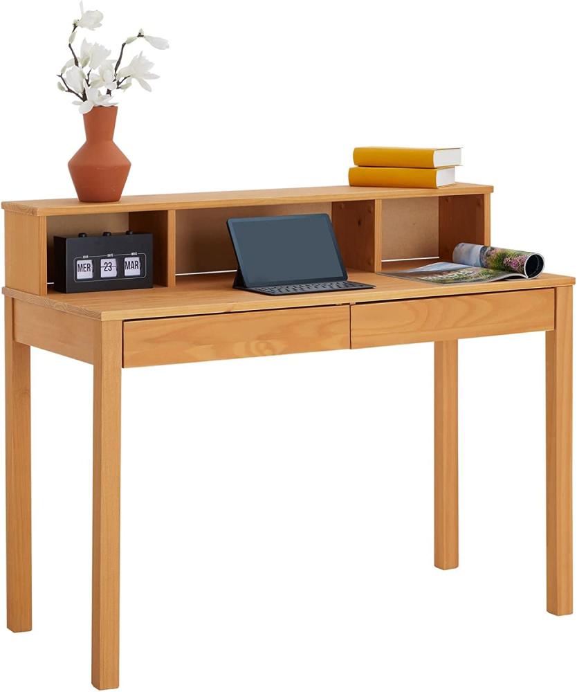 IDIMEX Schreibtisch Lennox, schöner Computertisch mit 3 Nischen, praktischer PC Tisch mit 2 Schubladen, Zeitloser Computertisch aus massiver Kiefer in braun Bild 1
