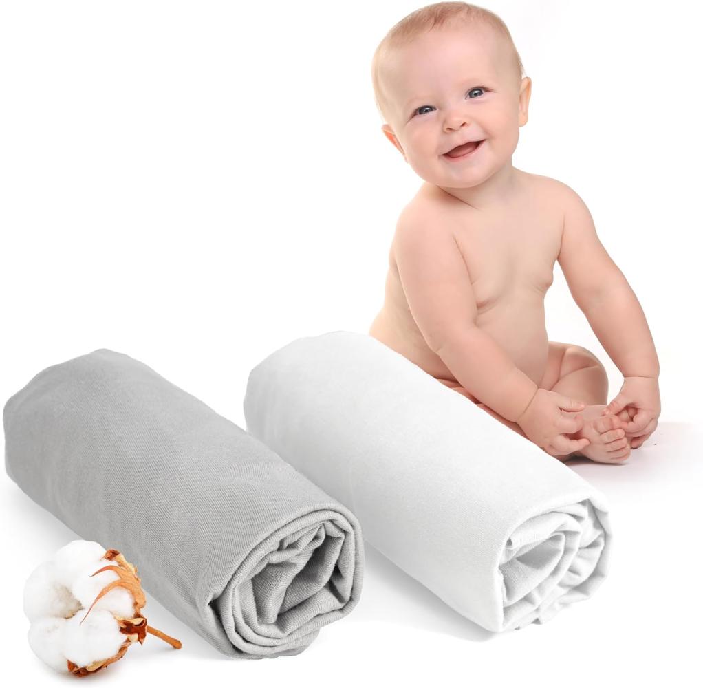 Dreamzie - Spannbettlaken 60x120 Baby 2er Pack - Baumwolle Oeko Tex Zertifiziert - Weiß und Grau - 100% Jersey Spannbettlaken 60x120cm Bild 1