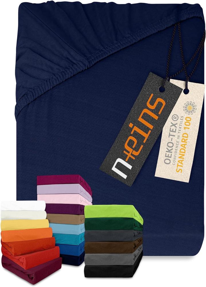 npluseins klassisches Jersey Spannbetttuch - vielen Farben + Größen - 100% Baumwolle 159. 192, 180-200 x 200 cm, Navyblau Bild 1