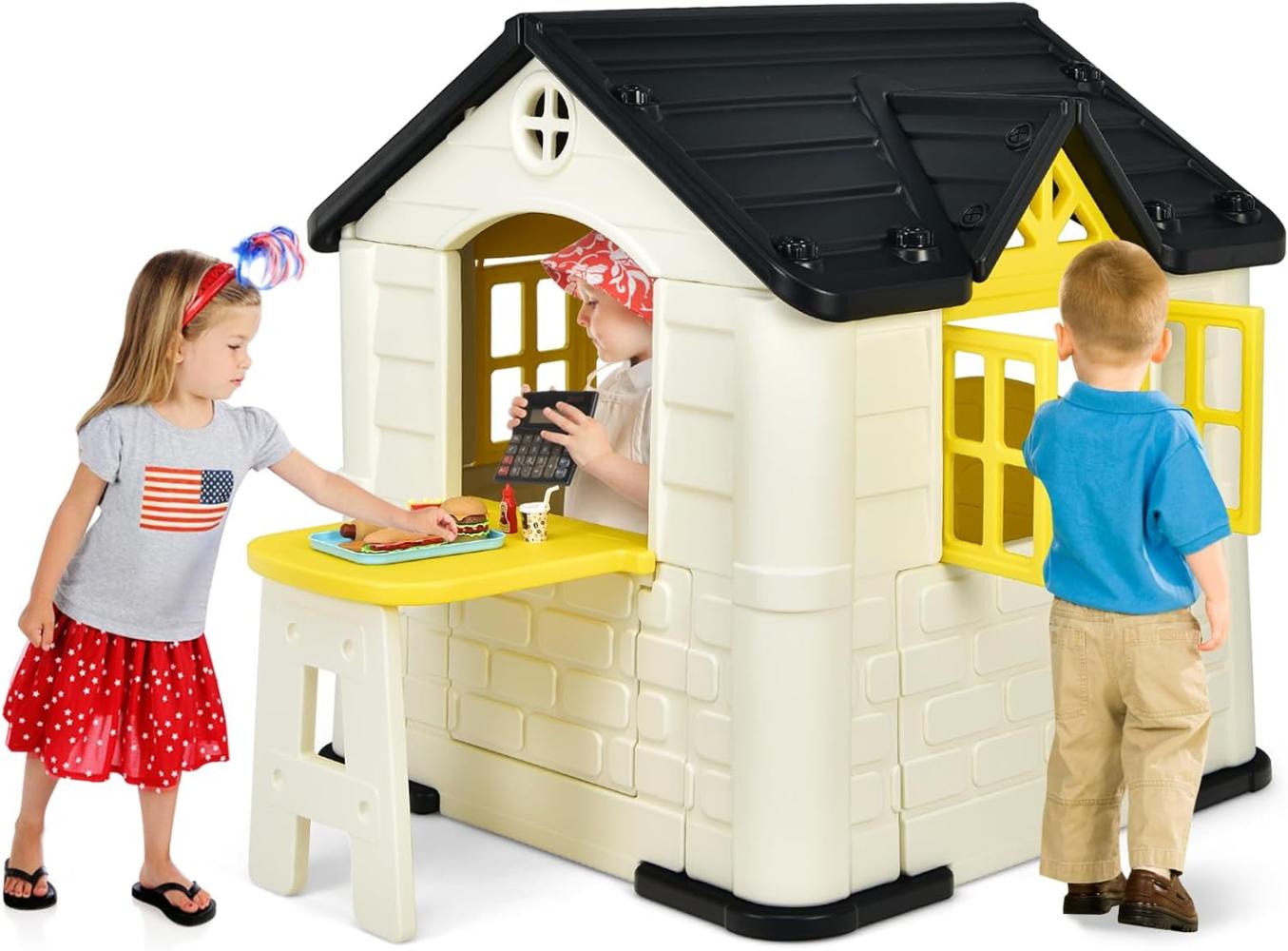 COSTWAY 164 x 124 x 132 cm Kinder Spielhaus mit Pickniktisch, Türen und Fenstern, Kinderhäuschen Outdoor inkl. Spielzeugset und Regenschutzhülle, ideal für Jungen und Mädchen (Gelb) Bild 1