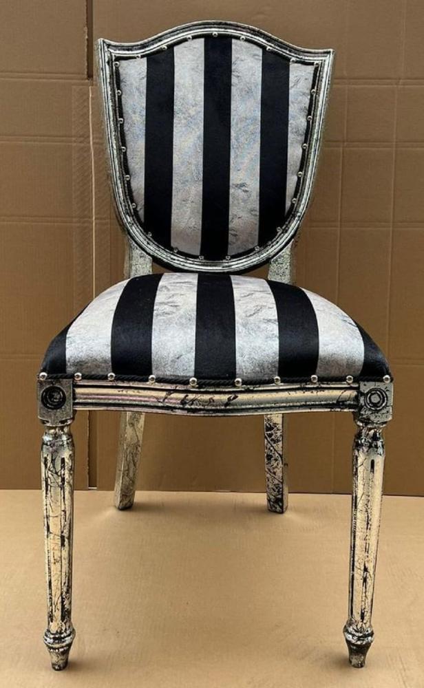 Casa Padrino Luxus Art Deco Esszimmer Stuhl Silber / Schwarz / Antik Silber - Eleganter Massivholz Stuhl mit Streifen - Art Deco Esszimmer Möbel Bild 1