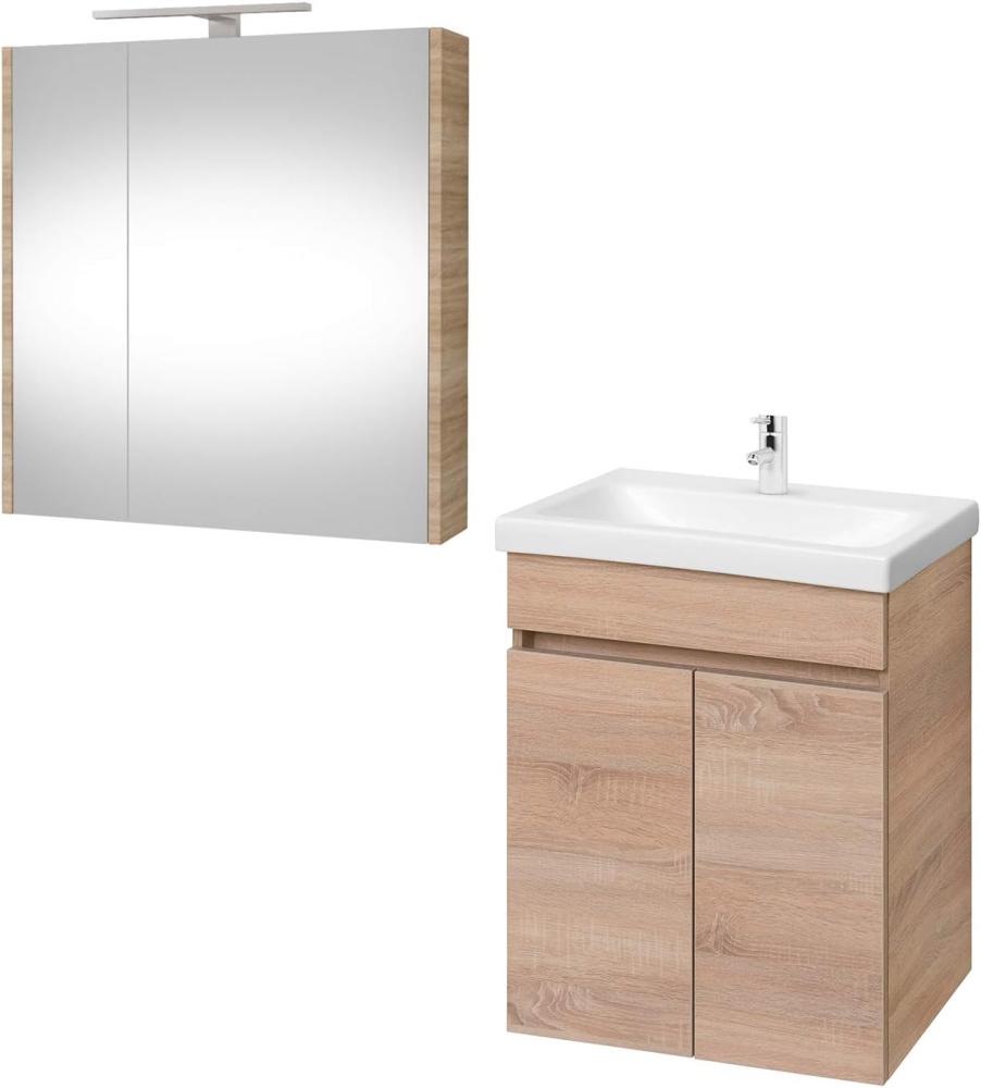 Waschtisch + Spiegelschrank Badmöbel Set 64cm für Badezimmer WC (Sonoma Eiche) Bild 1