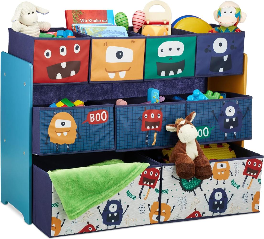 Relaxdays Kinderregal mit 9 Stoffboxen, Monster Design, HxBxT: 70 x 92,5 30 cm, Spielzeugregal fürs Kinderzimmer, bunt, Dunkelblau, Türkis, Orange Bild 1