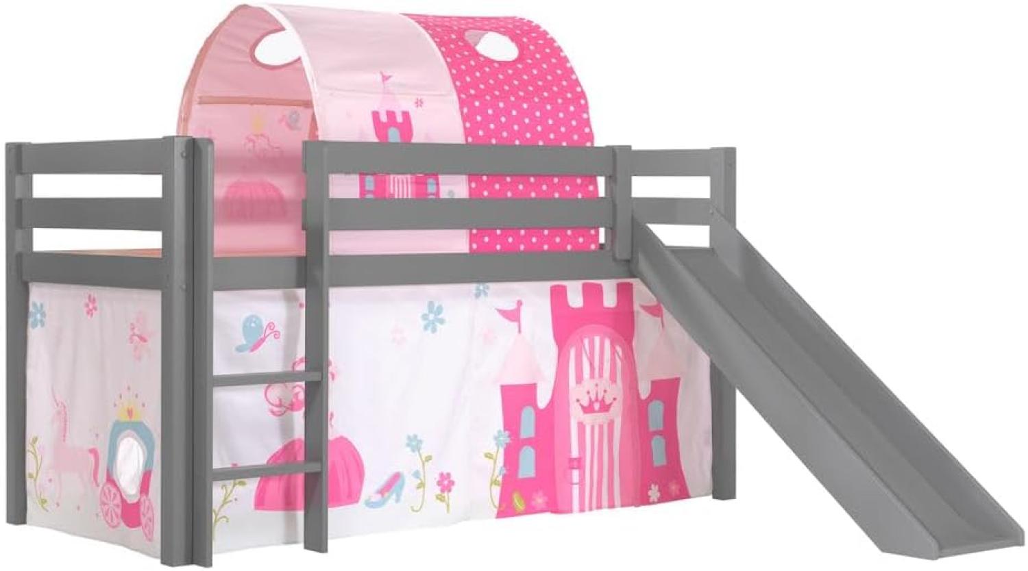 Vipack Spielbett 'Pino' inkl. Rutsche grau, mit Textilset Vorhang und Tunnel 'Princess' Bild 1