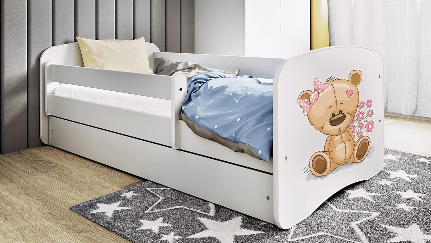 Kocot Kids 'Teddybär mit Blumen' Einzelbett weiß 80x160 cm inkl. Rausfallschutz, Matratze, Schublade und Lattenrost Bild 1