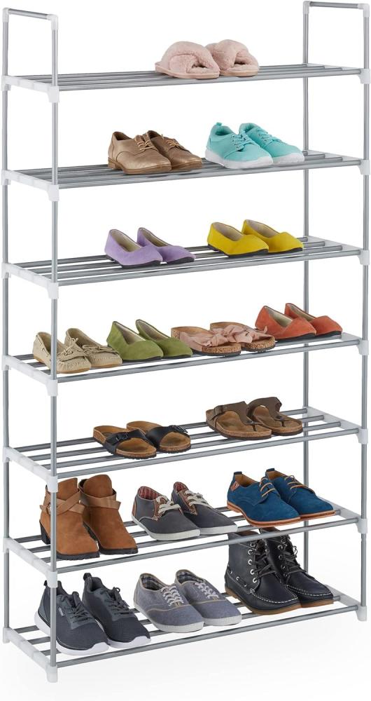 Relaxdays Schuhregal Stecksystem, 7 Ebenen, 28 Paar Schuhe, HxBxT: 160,5 x 90 x 31 cm, Schuhständer Metall, silber/weiß Bild 1