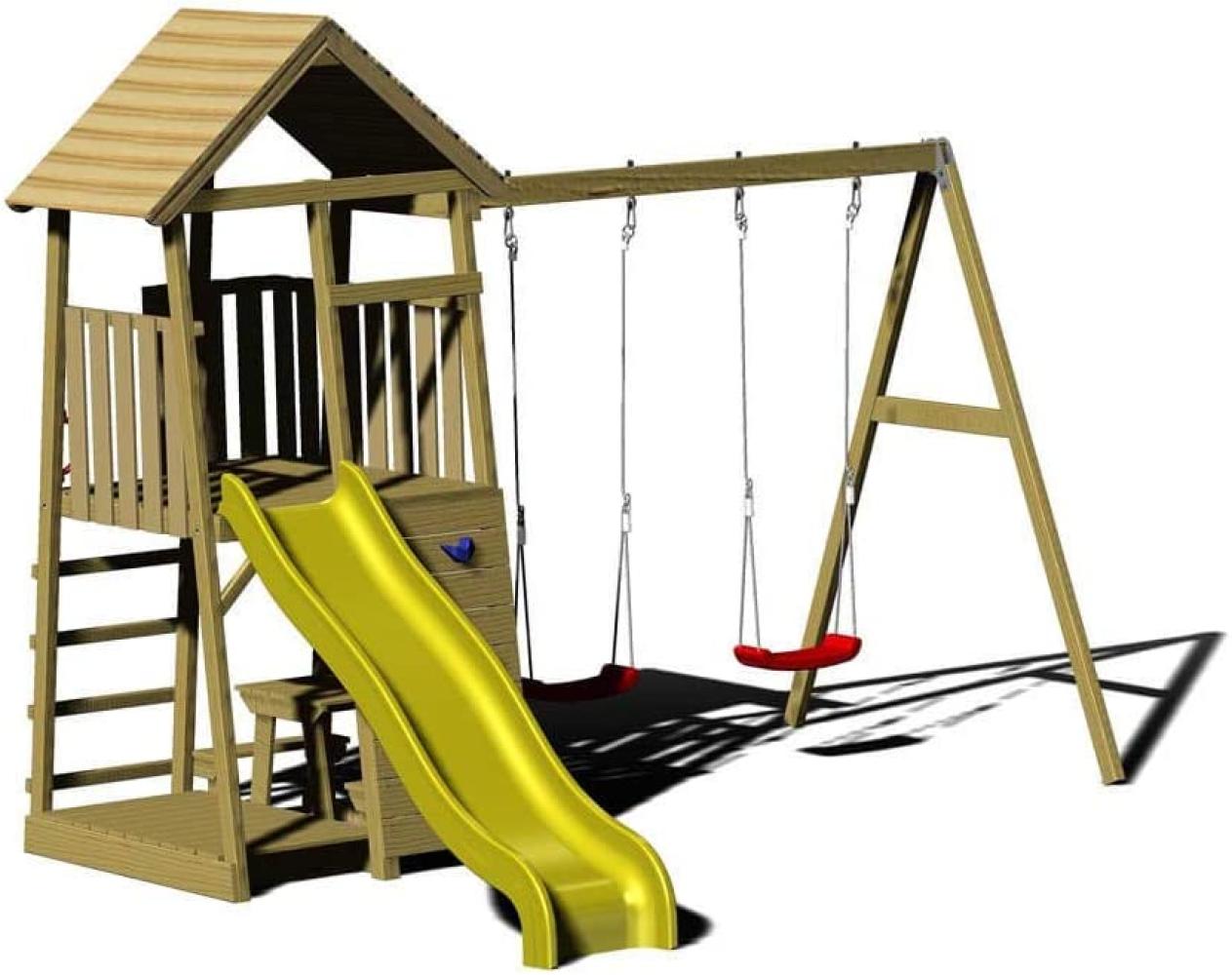 Wendi Toys Holz Spielturm Giraffe | mit Rutsche, Kletterwand, 2 Schaukeln & Picknicktisch | Natur | 280x340x270 cm Bild 1