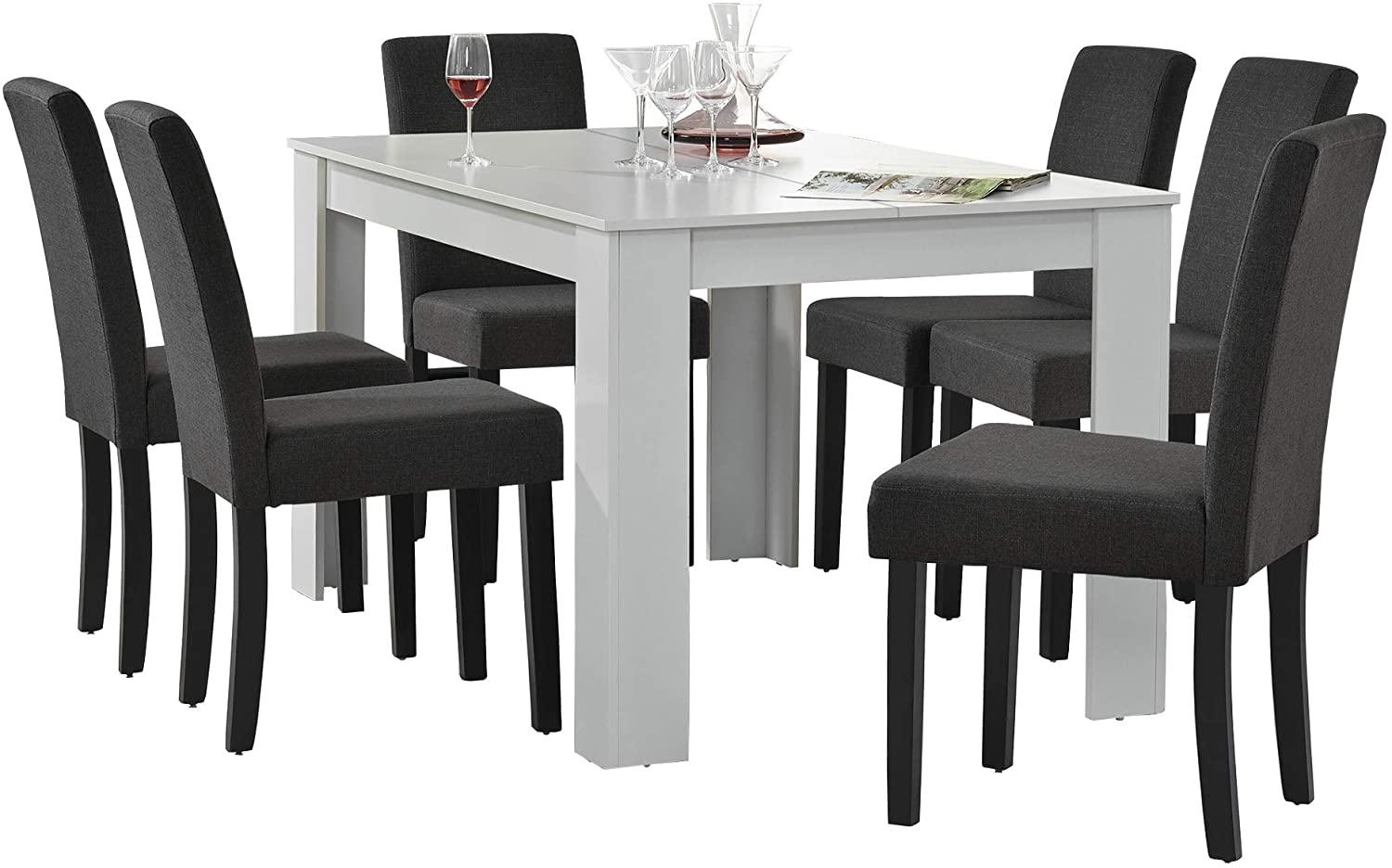 Esstisch weiß mit 6 Stühlen grau Textil 140x90 Bild 1