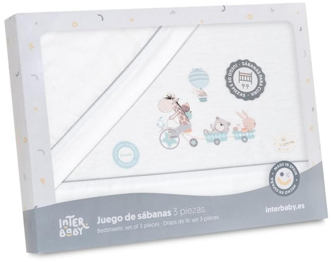 INTERBABY · Flanell Bettlaken-Set für Babybett, Jirafa Bicicleta" weiß grün · 100% Baumwolle · 3- Teilig Winter -Bettwäsche-Set für Babywiege Bild 1