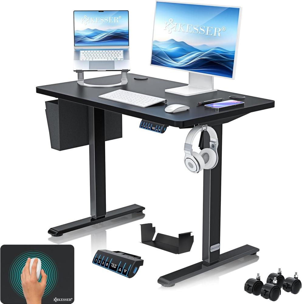 KESSER® Höhenverstellbarer Schreibtisch elektrisch | Ergonomisch Steh-Sitz Schreibtisch | 3-Funktions-Memory Steuerung | Inkl. 360° Rollen & USB-Ladeanschluss | Computertisch für Homeoffice Schwarz, 100 x 60 cm Bild 1