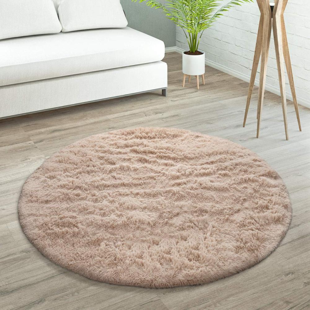 Paco Home Hochflor Teppich Wohnzimmer rutschfest Fellteppich Shaggy Flauschig Weich Modern Kunstfell Fell Imitat Einfarbig, Grösse:200 cm Rund, Farbe:Beige Bild 1