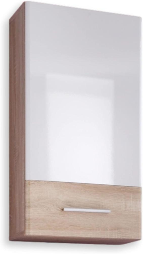BAROLO Badezimmer Hängeschrank in Sonoma Eiche Optik, Weiß Hochglanz - Badezimmerschrank Bad Schrank mit viel Stauraum - 38 x 73 x 26 cm (B/H/T) Bild 1