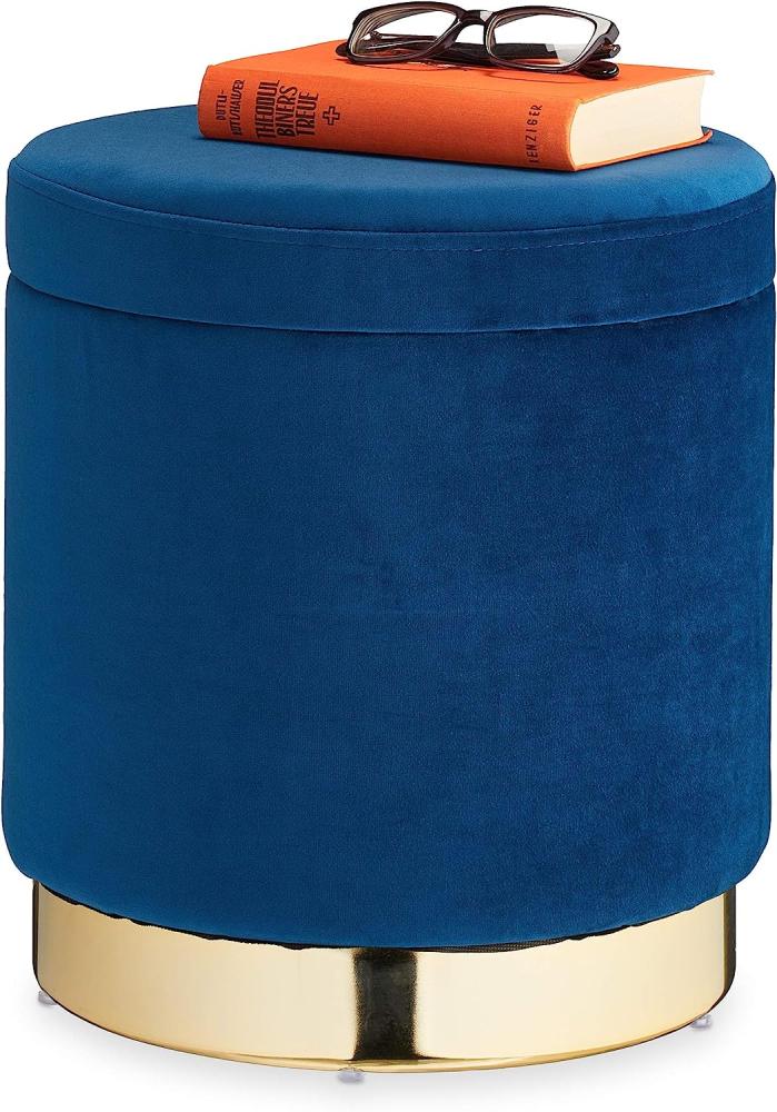 Relaxdays Samthocker mit Stauraum, rund, eleganter Polsterhocker, modern, Samt Sitzhocker, H x D 41,5 x 37 cm, blau/Gold Bild 1