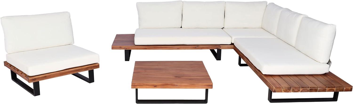 Garten-Garnitur mit Sessel HWC-H54, Lounge-Set Sofa, Spun Poly Akazie Holz MVG Aluminium ~ braun, Polster cremeweiß Bild 1