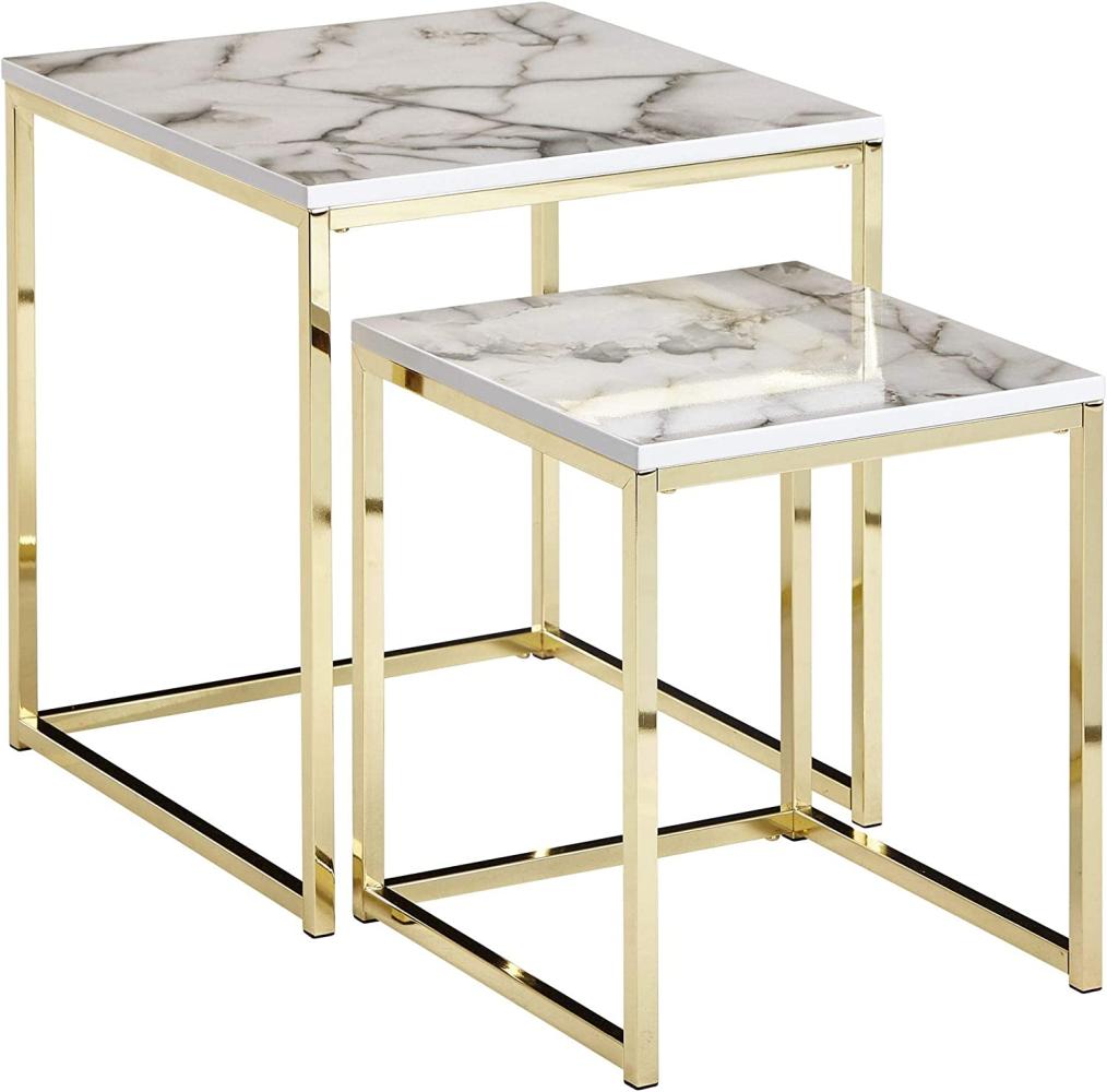 Wohnling Design Satztisch, Beistelltisch 2er Set Marmor Optik, weiß/gold, quadratisch Bild 1