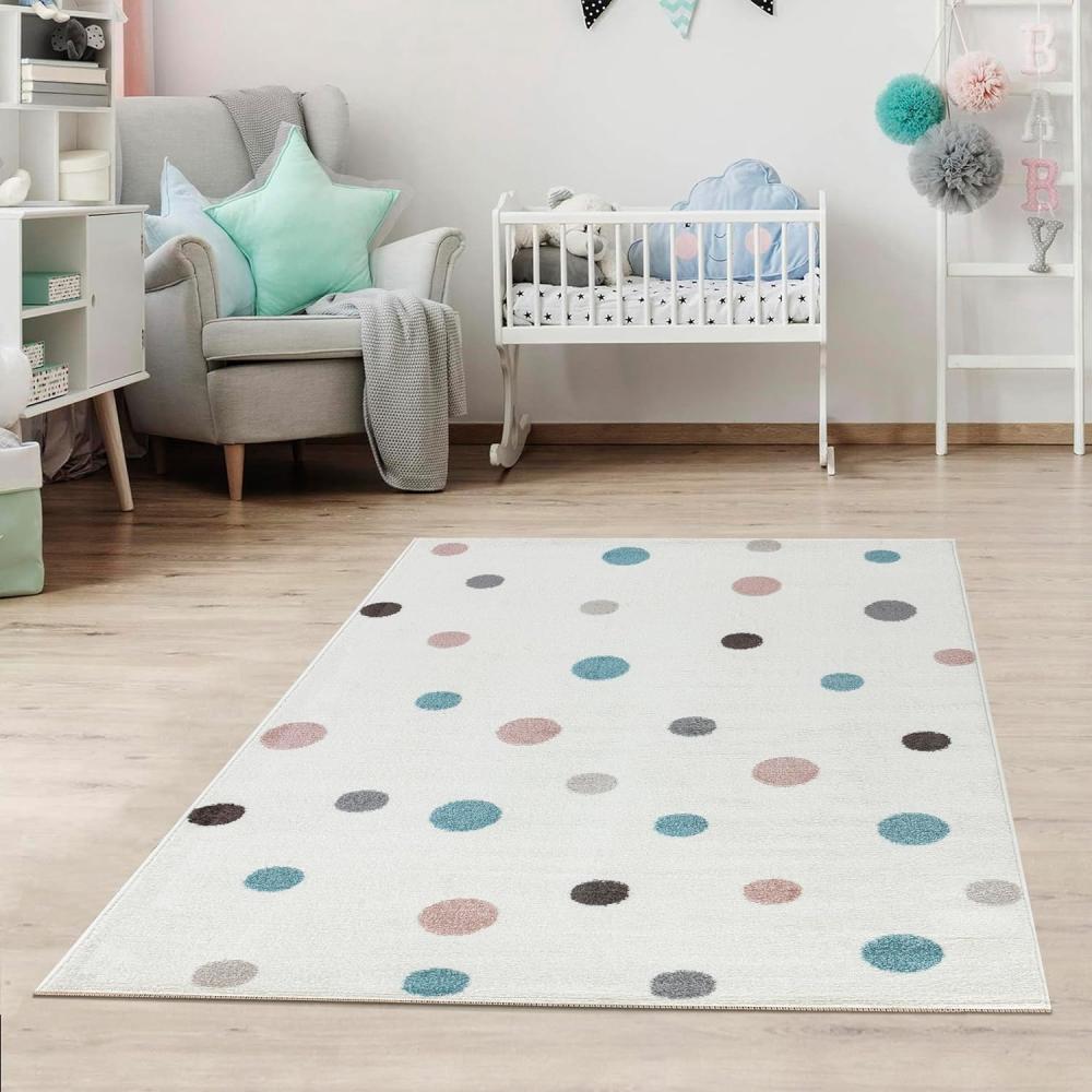 Jimri Kinderteppich DOTS l Pünktchen Gepunktet l Öko-Tex Siegel | Farbe: Beige Blau Rosa | Kinderzimmer/Jugendzimmer (Weiß, 160 x 230 cm) Bild 1