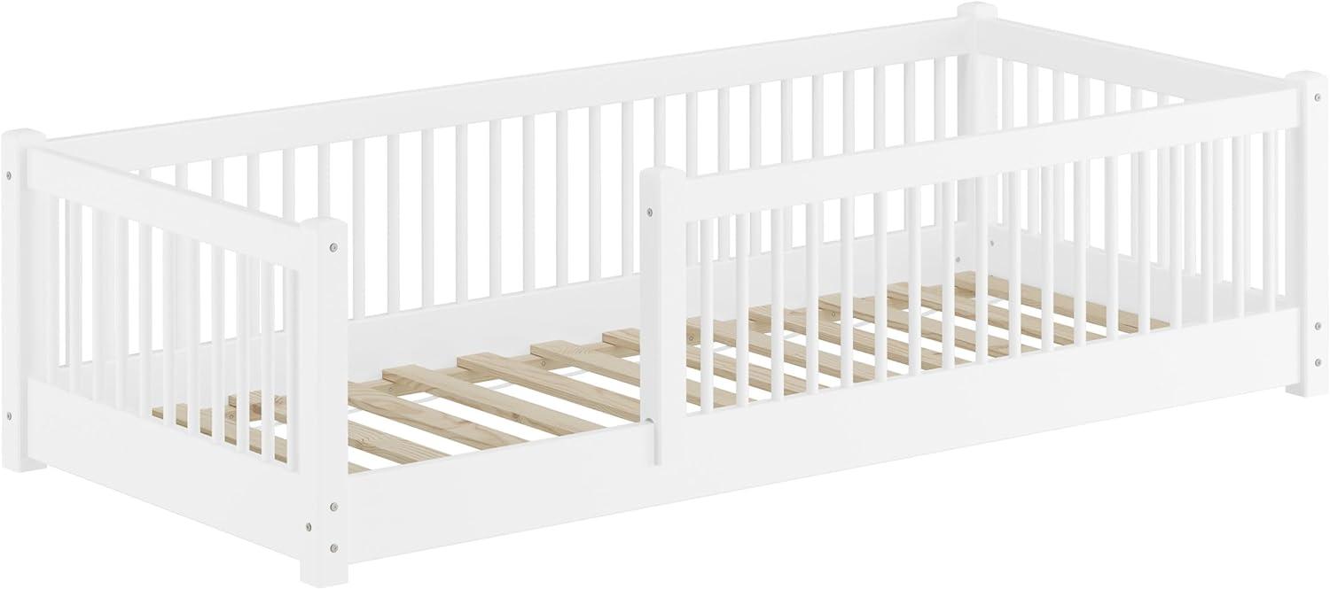 Kinderbett niedriges Bodenbett Kiefer weiß 90x200 Kleinkinder Laufstall ähnlich Rollrost inkl. Bild 1